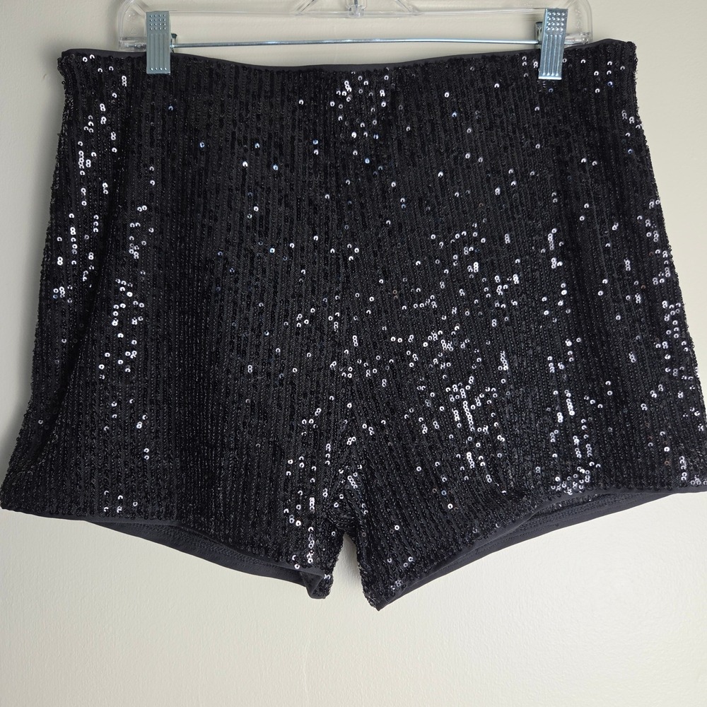 Leith Womens Black Sequin High Rise Hot Pants Shorts Size L RN58665